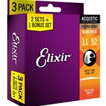 Elixir 16544 Custom Light Phosphor Bronze with NANOWEB Coating Acoustic Guitar 2+1 Bonus String Set