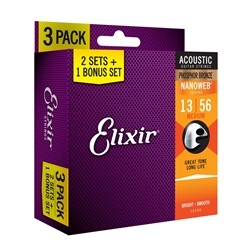 Elixir 16546 Medium Phosphor Bronze with NANOWEB Coating Acoustic Guitar 2+1 Bonus String Set